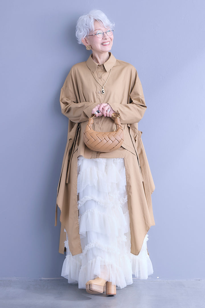 【SET】ロングテールアシメカットデザインシャツ+ペタルティアードチュールスカート(2set)