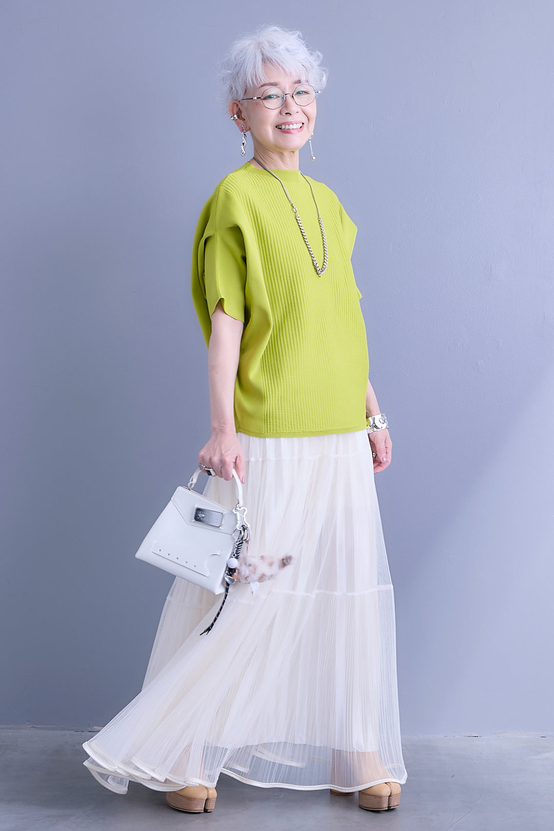 【SET】アップスリーブニットプルオーバー+2WAYラメサテンプリーツ×シアーティアードチュールスカート(2set)