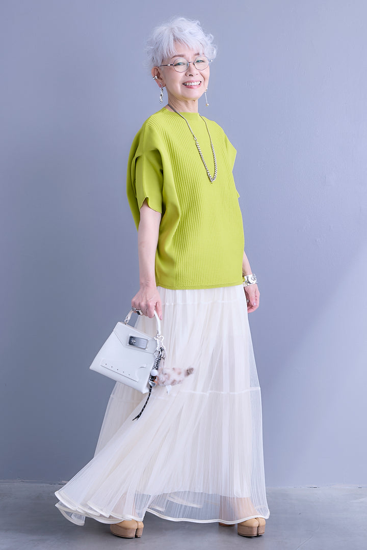 【SET】アップスリーブニットプルオーバー+2WAYラメサテンプリーツ×シアーティアードチュールスカート(2set)