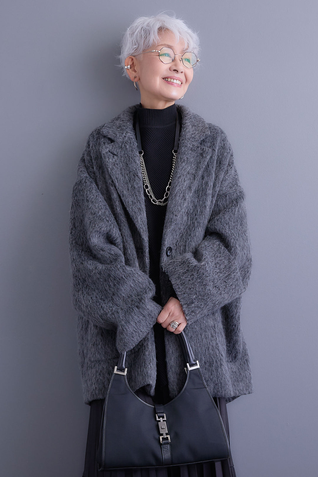 【SET】アシンメトリーオーバーニット+シャギーテーラードコート+アシンメトリープリーツスカート(3set)