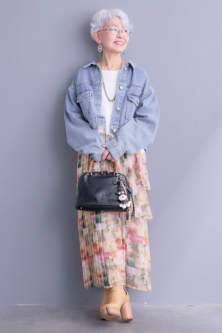 【SET】10ozライトデニムショートジャケット+アシメフラワープリーツドッキングワンピース(2set)