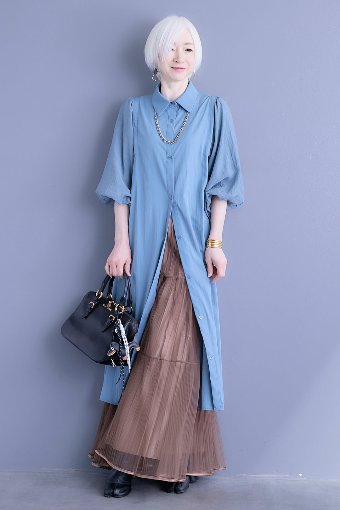 【SET】バルーンスリーブシャツワンピース+2WAYラメサテンプリーツ×シアーティアードチュールスカート(2set)