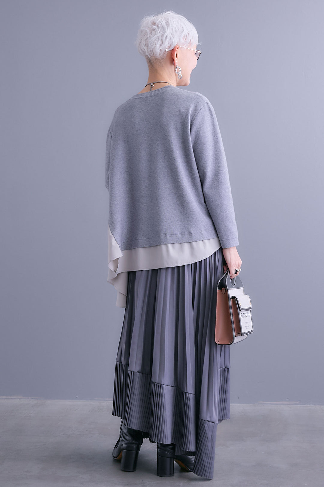 【SET】アシンメトリードレープレイヤードニット+アシンメトリープリーツスカート(2set)