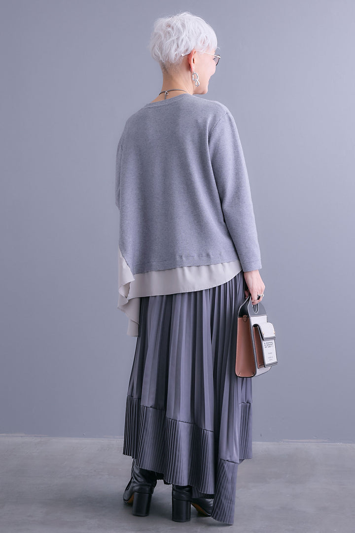 【SET】アシンメトリードレープレイヤードニット+アシンメトリープリーツスカート(2set)