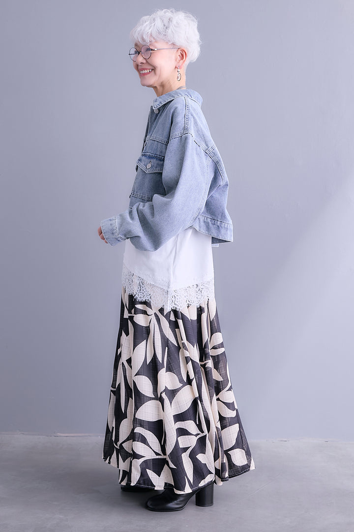 【SET】10ozライトデニムショートジャケット+アシメレースT+リーフアートフレアスカート(3set)