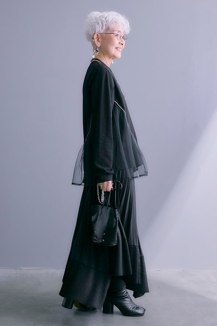 【SET】チュールギャザーアシメポケットプルオーバー+アシンメトリープリーツスカート(2set)