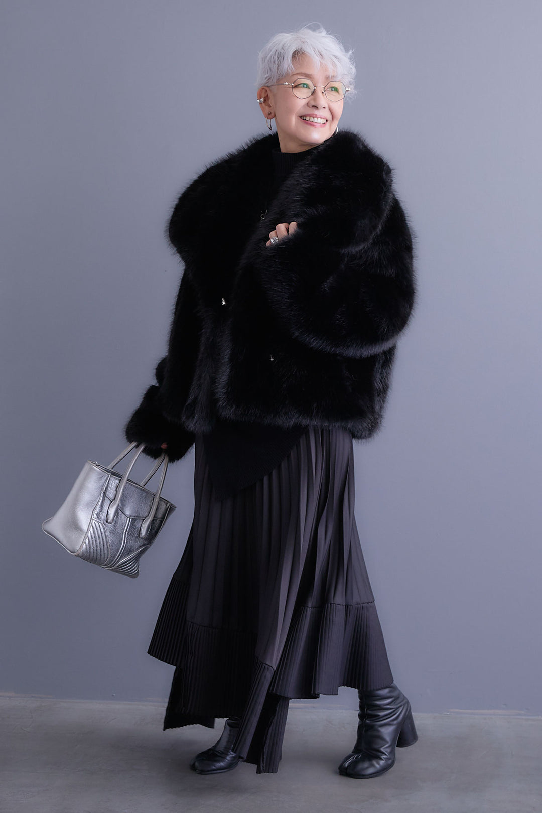 【SET】アシンメトリーオーバーニット+オーバーカラーファーコート+アシンメトリープリーツスカート(3set)