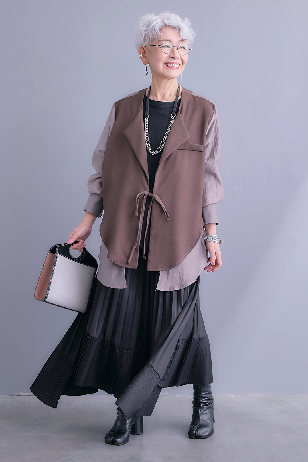 【SET】シアーシャツドッキングジャケット+アシンメトリーロンT+アシンメトリープリーツスカート(3set)