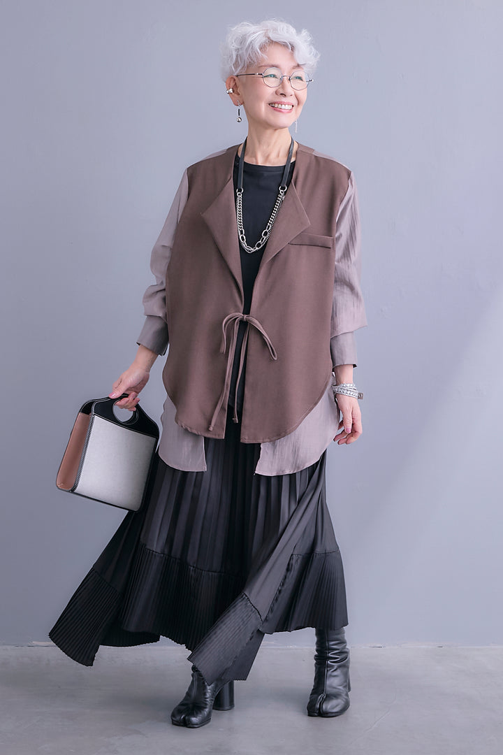 【SET】シアーシャツドッキングジャケット+アシンメトリーロンT+アシンメトリープリーツスカート(3set)