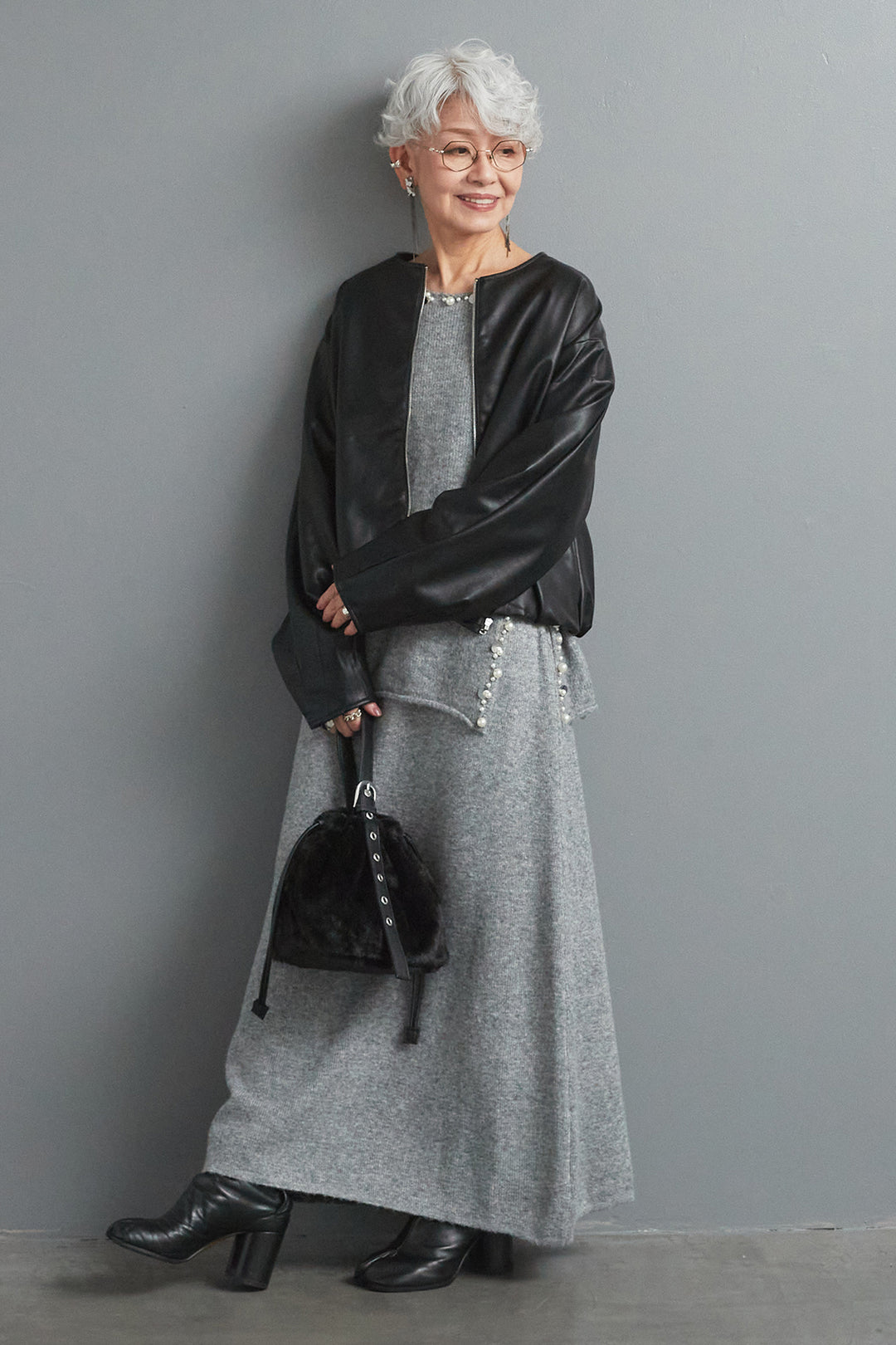 【SET】ビジューニットセットアップ+ラウンドシルエットエコレザーノーカラージャケット(2set)