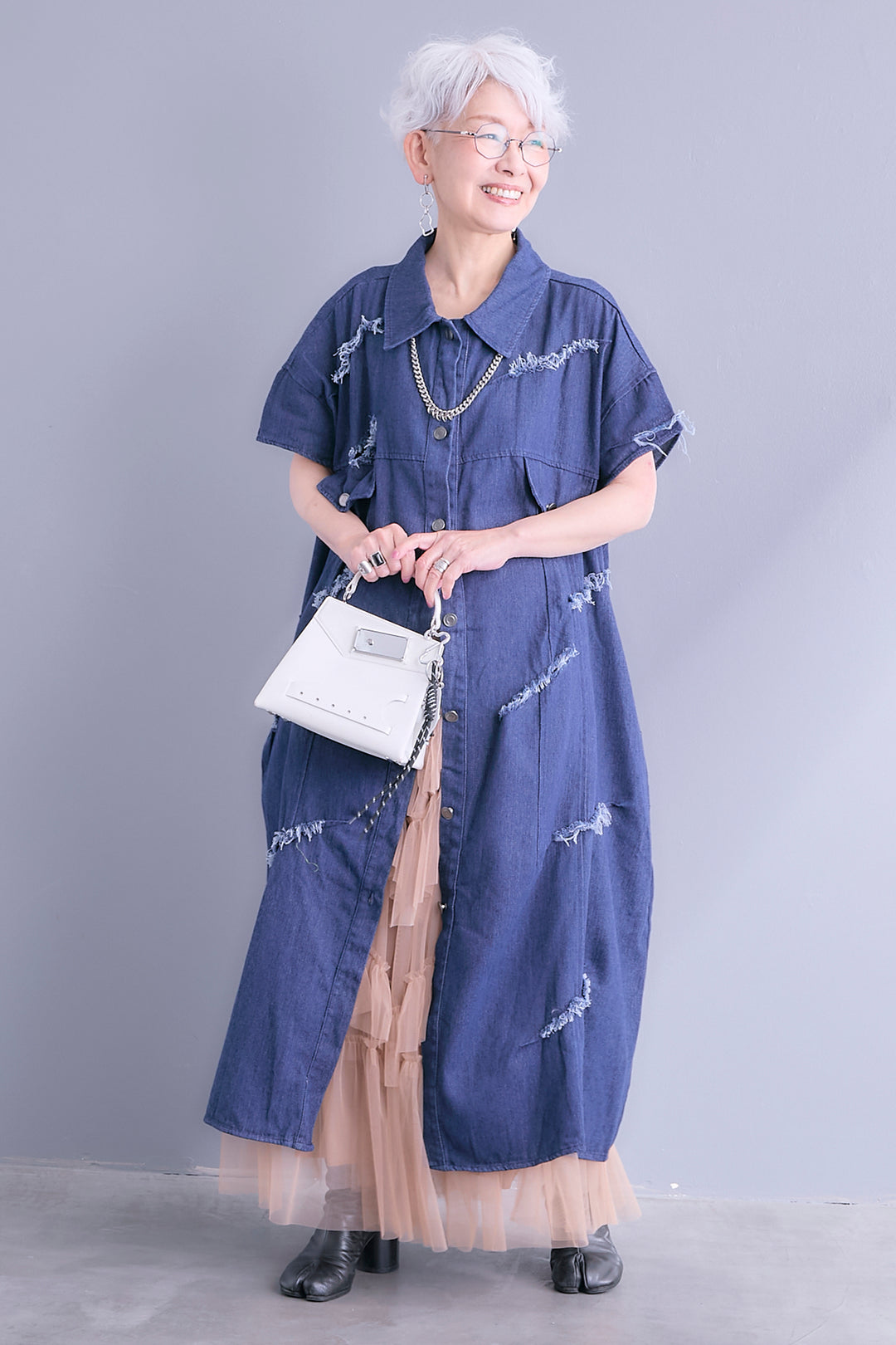 【SET】ダメージデニムシャツワンピース+タッセルチュールティアードスカート(2set)