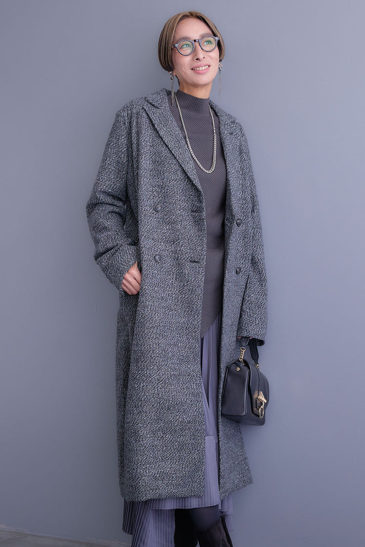 【SET】アシンメトリーオーバーニット+ツイードロングチェスターコート+アシンメトリープリーツスカート(3set)