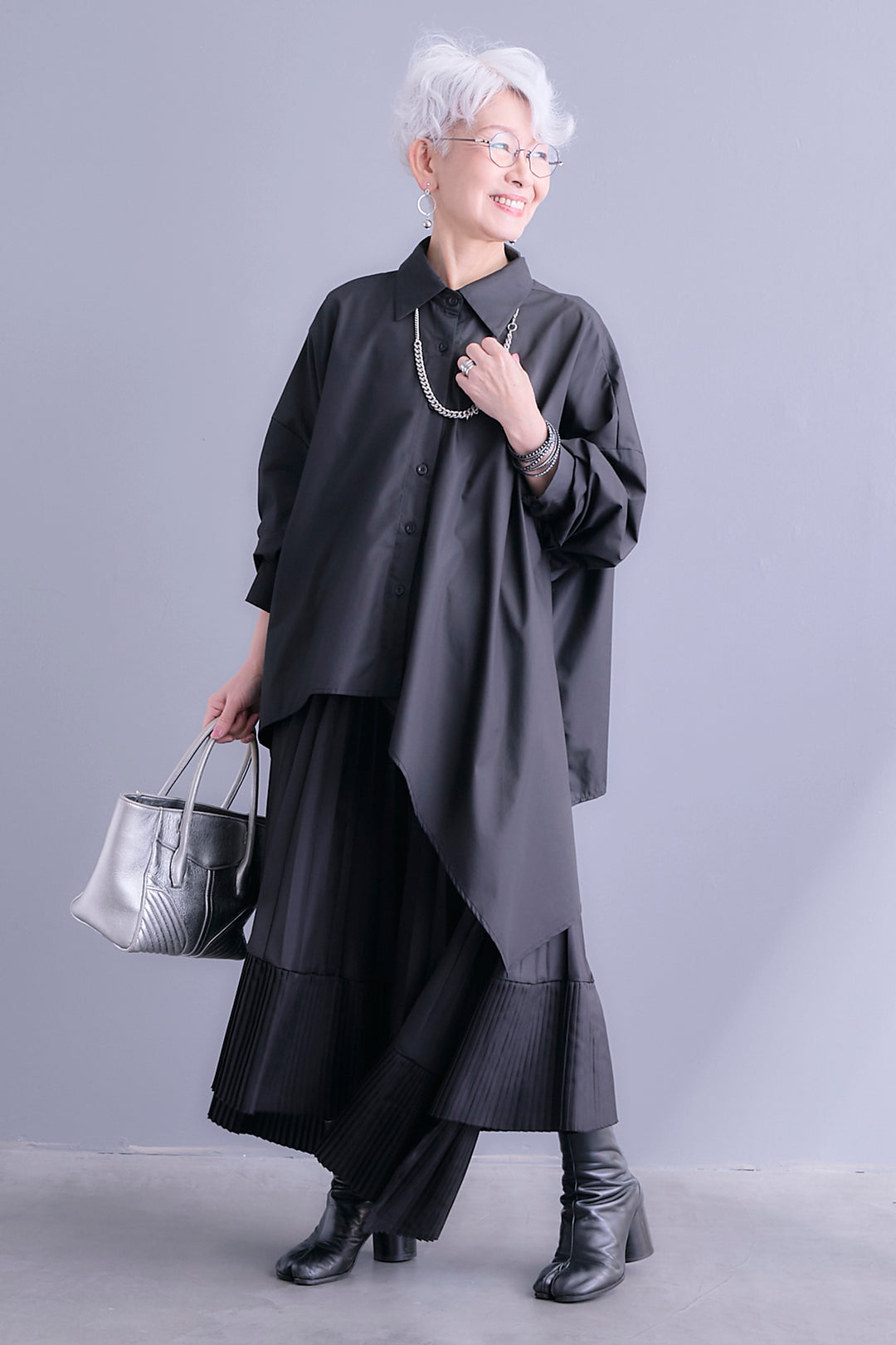 【SET】アシンメトリーロングシャツ+アシンメトリープリーツスカート(2set)
