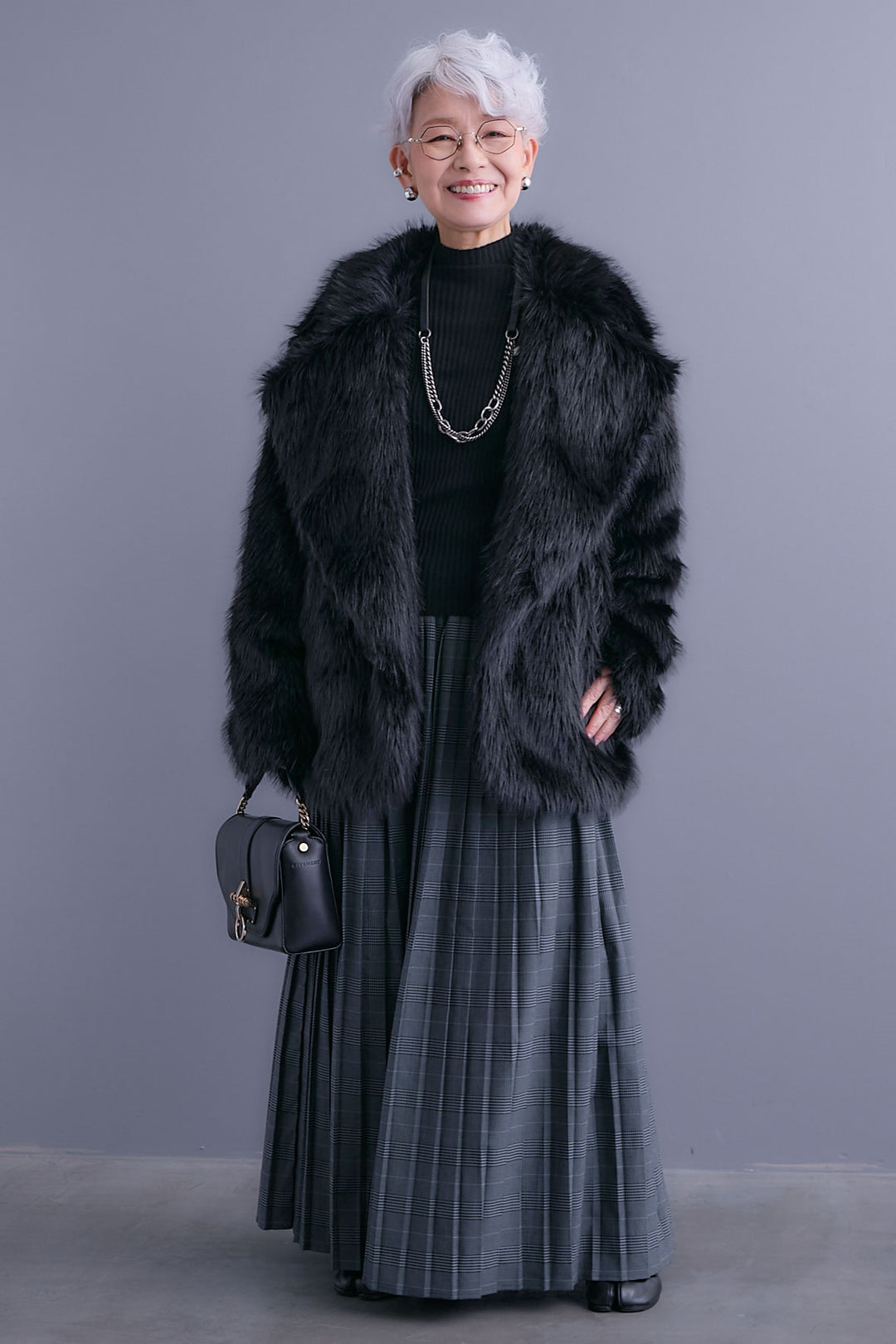 【SET】テーラードカラーファーコート+グレンチェックプリーツスカート(2set)