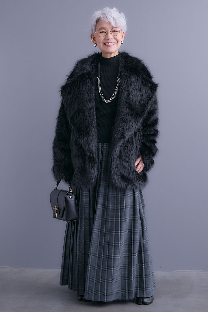 【SET】テーラードカラーファーコート+グレンチェックプリーツスカート(2set)