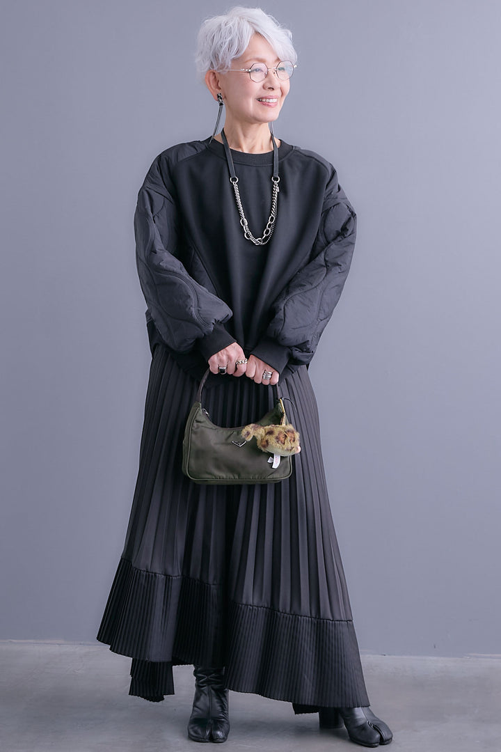 【SET】キルティングドッキングデザインプルオーバー+アシンメトリープリーツスカート(2set)