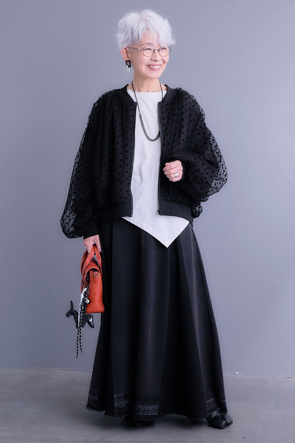 アシンメトリーロンT、プリーツスカート、ノーカラーデニムジャケット3set SET】フロッキードットチュールレイヤードブルゾン+アシンメトリーロン