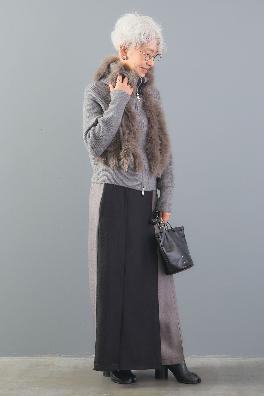 【SET】アレンジネックファーZIPニット+ブラッシュツイルバイカラーラップワイドパンツ(2set)