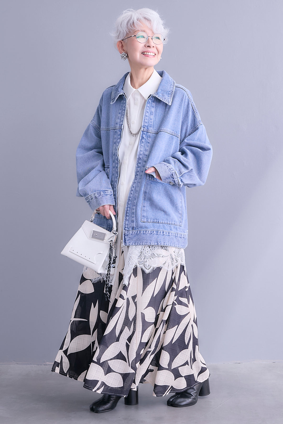 【SET】ジップアップデニムブルゾン+ヘムレースロングシャツ+リーフアートフレアスカート(3set)