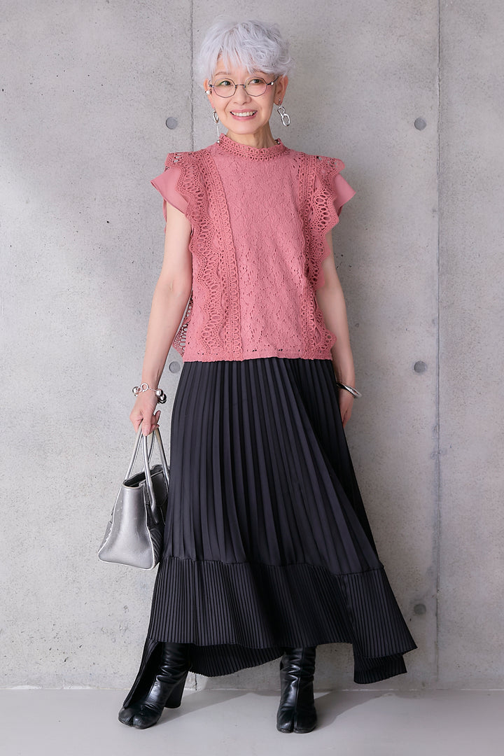 【SET】接触冷感スタンドカラーフレンチスリーブレースブラウス+アシンメトリープリーツスカート(2set)