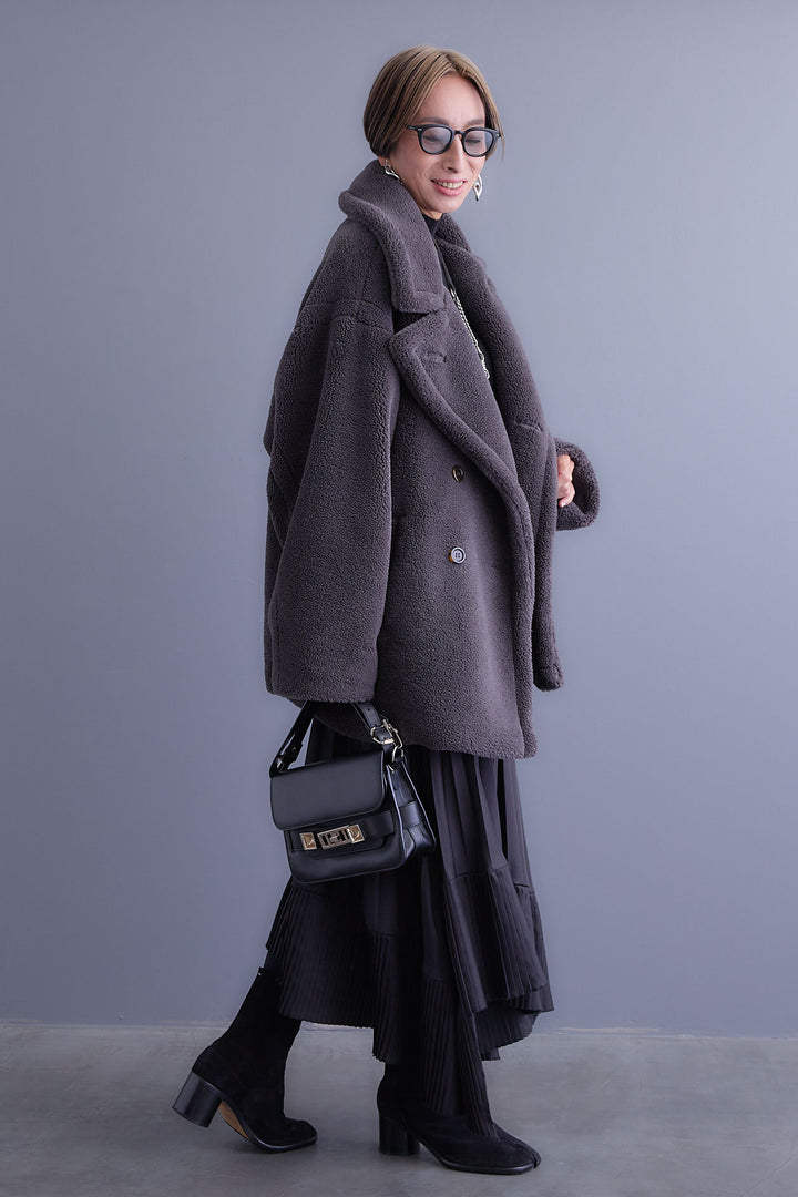 【SET】アシンメトリーオーバーニット+テディボアミディコート+アシンメトリープリーツスカート(3set)