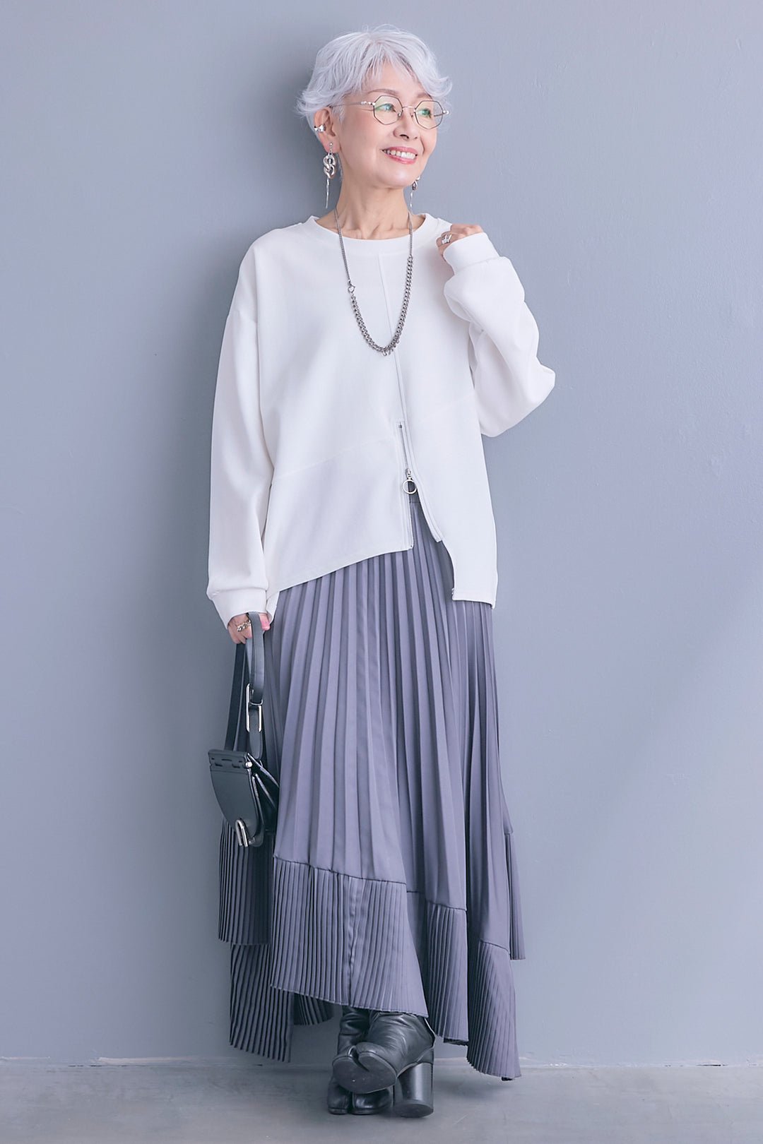 【SET】アシメリングZIPデザインプルオーバー+アシンメトリープリーツスカート(2set)