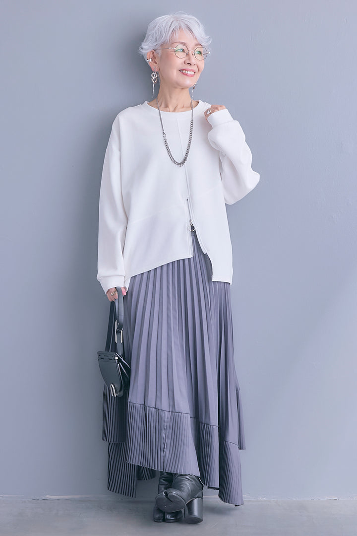 【SET】アシメリングZIPデザインプルオーバー+アシンメトリープリーツスカート(2set)