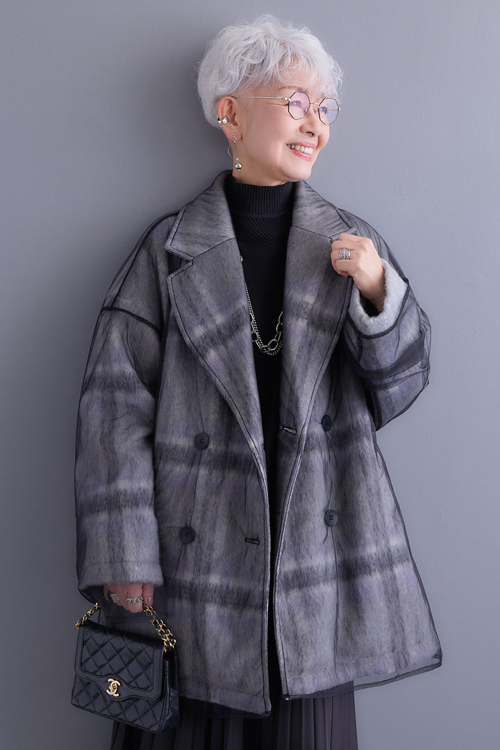 【予約】チュールレイヤードシャギーチェックコート