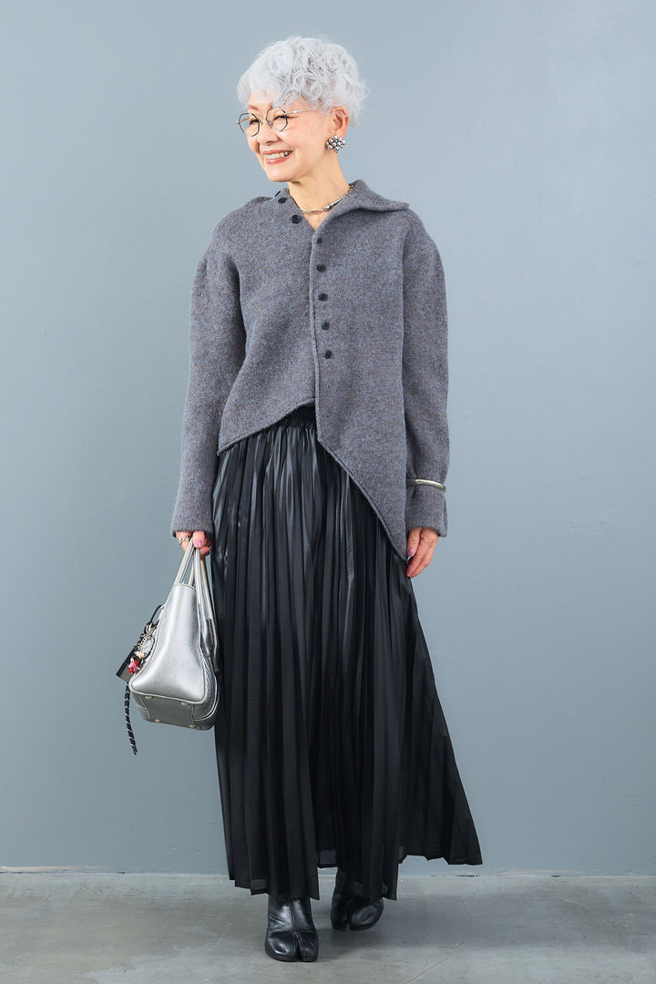 【SET】アシメハイネックボタンニット+レザーライクプリーツスカート(2set)