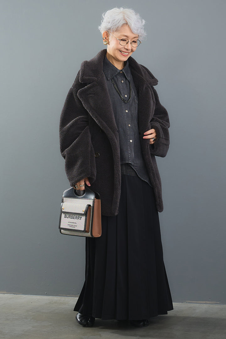 【SET】ヴィンテージアシンメトリーデニムシャツ+テディボアミディコート+デニムドッキングプリーツスカート(3set)