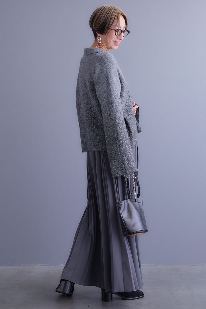 【SET】グラデーションラメキーネックニット+ダブルプリーツロングスカート(2set)
