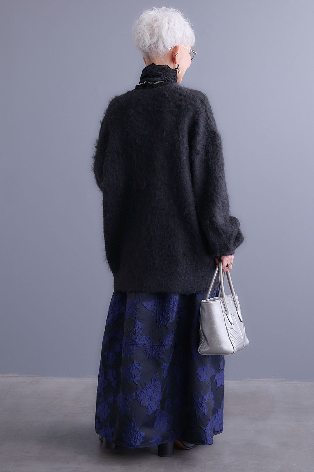 【SET】クラッシュベロアハイネックシアートップス+シャギーVネックニットカーディガン+ジャガードフラワースカート(3set)