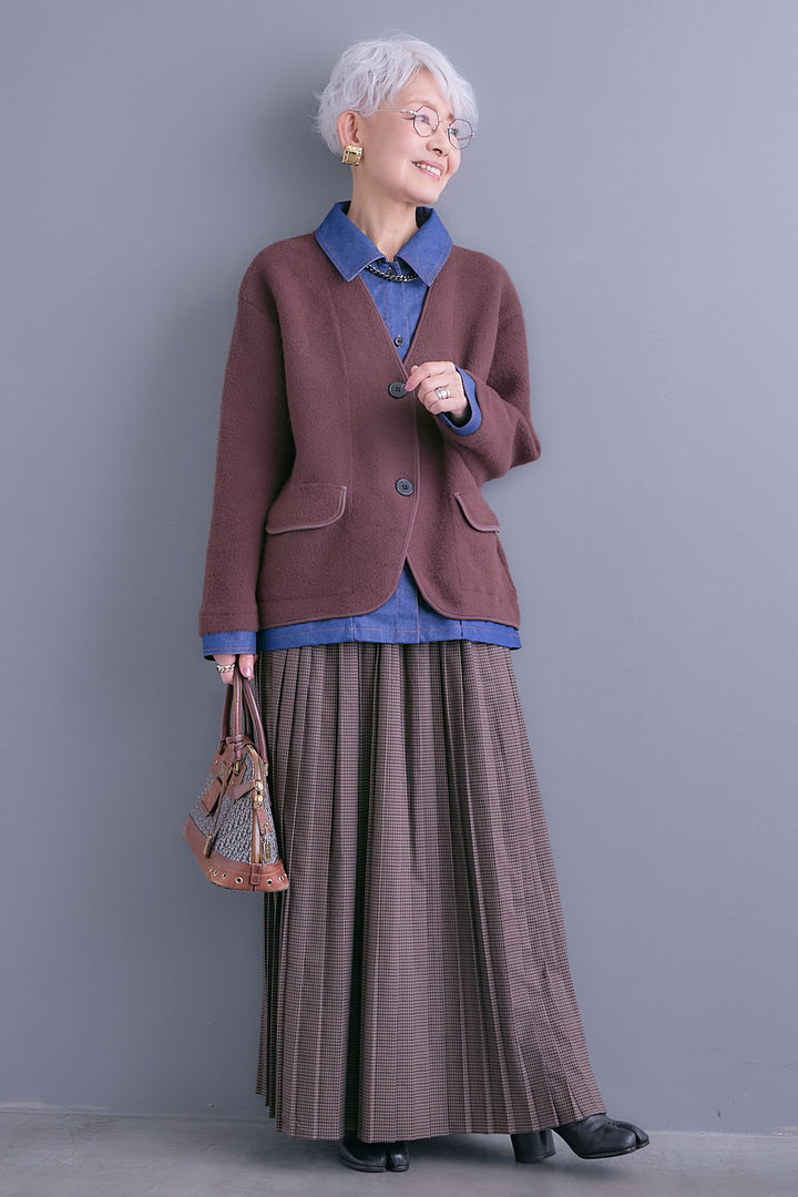 【SET】デニムレイヤードデザインカーディガン+グレンチェックプリーツスカート(2set)