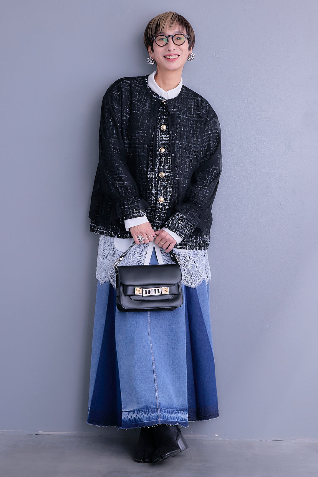 【SET】ツイード×チュールレイヤードノーカラージャケット+ヘムレースロングシャツ+プリーツタックデニムスカート(3set)