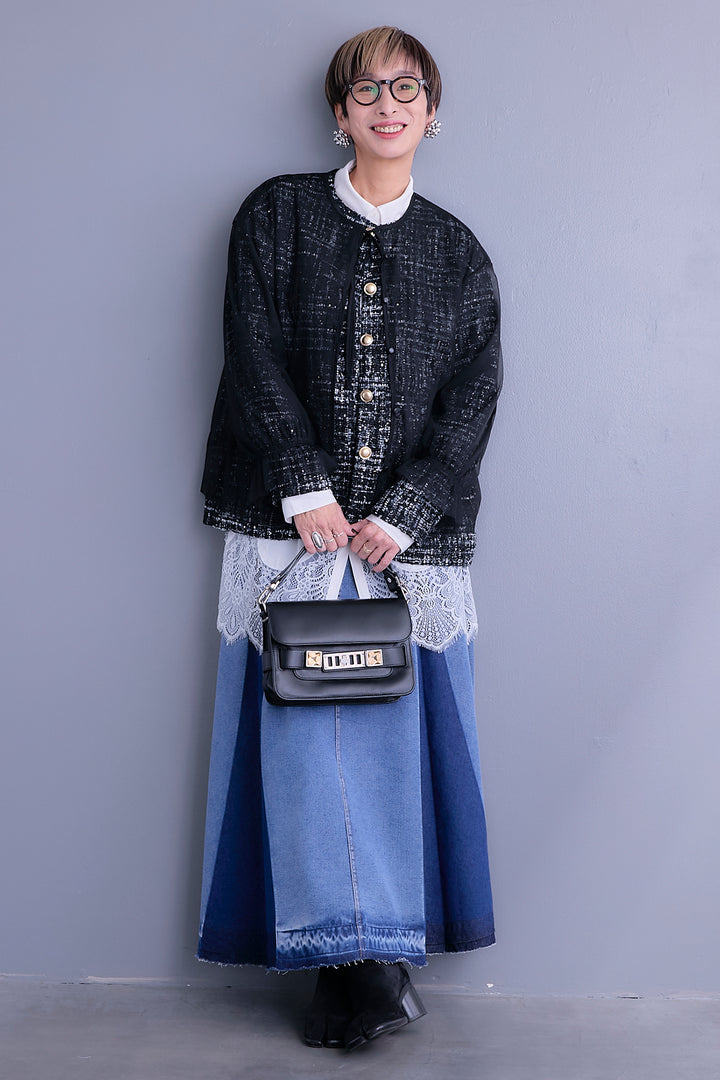 【SET】ツイード×チュールレイヤードノーカラージャケット+ヘムレースロングシャツ+プリーツタックデニムスカート(3set)