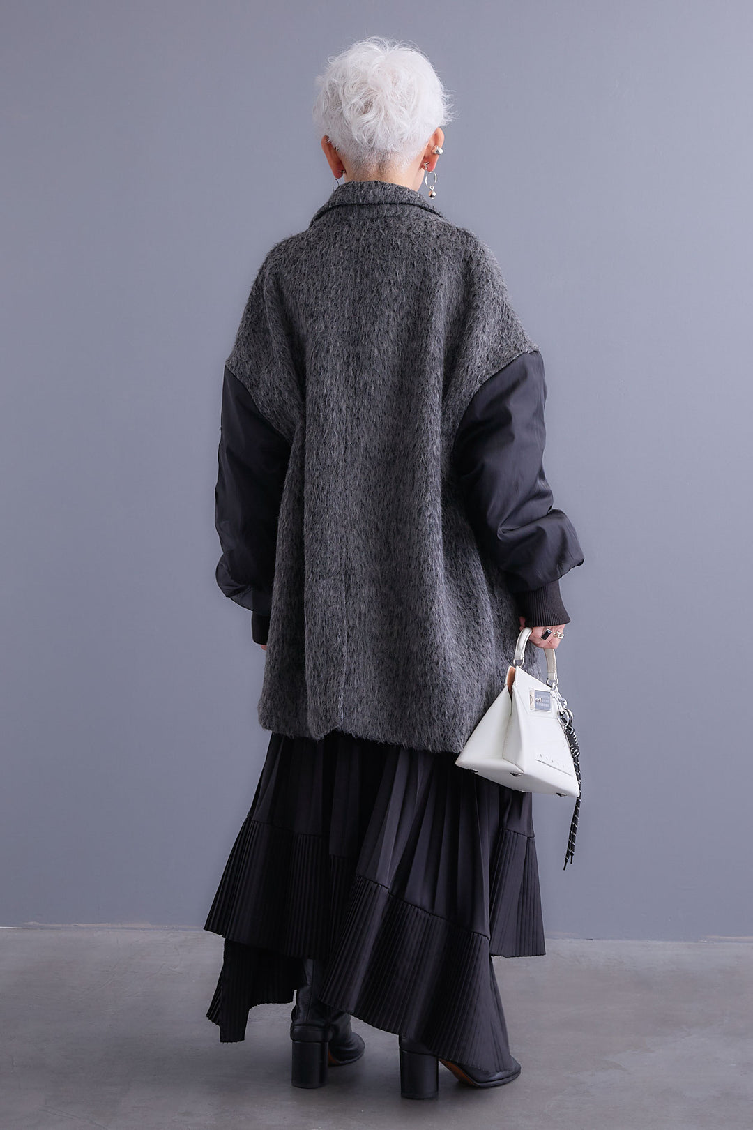 【新色追加】【SET】アシンメトリーオーバーニット+チュールレイヤードMA-1シャギーオーバーコート+アシンメトリープリーツスカート(3set)