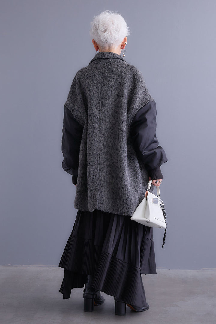 【新色追加】【SET】アシンメトリーオーバーニット+チュールレイヤードMA-1シャギーオーバーコート+アシンメトリープリーツスカート(3set)