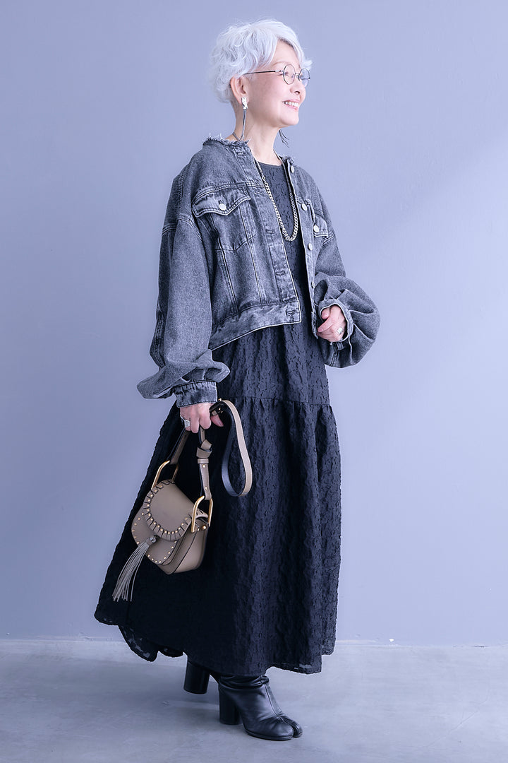 【SET】ボリュームスリーブノーカラーデニムジャケット+フクレジャガードティアードノースリワンピース(2set)