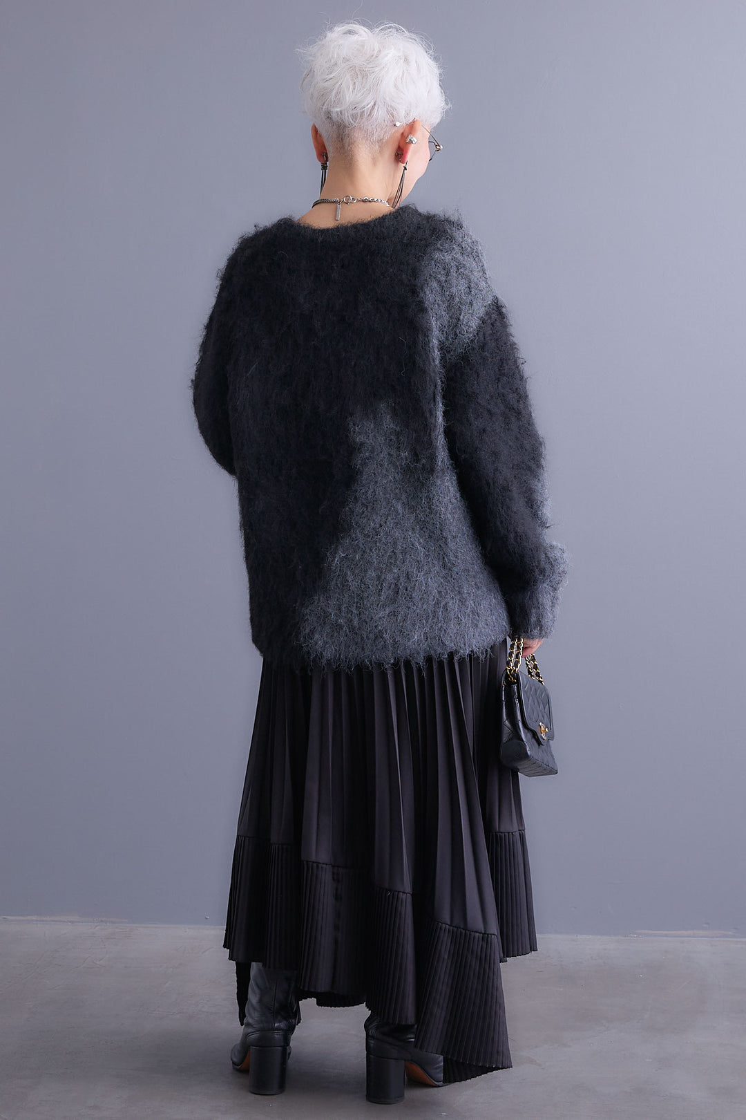 【SET】ミックスヤーンインターシャブロッキングニット+アシンメトリープリーツスカート(2set)