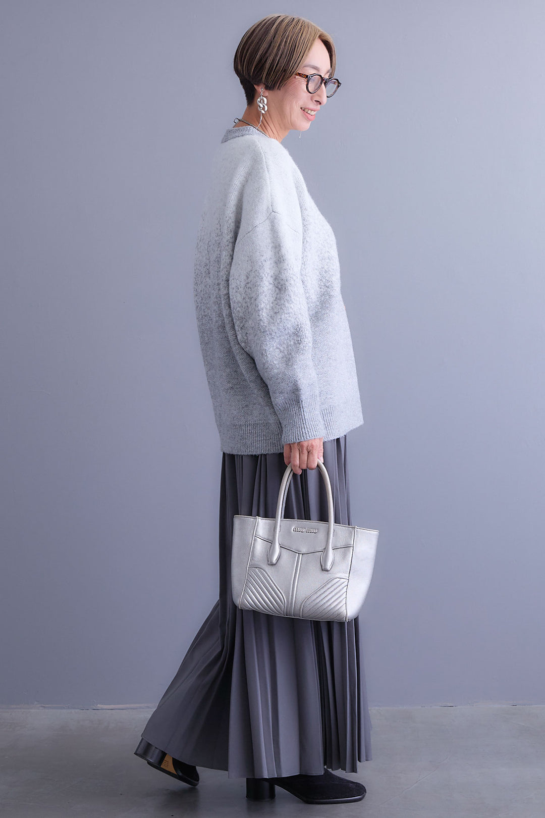 【SET】グラデーションラメクルーネックニット+ダブルプリーツロングスカート(2set)