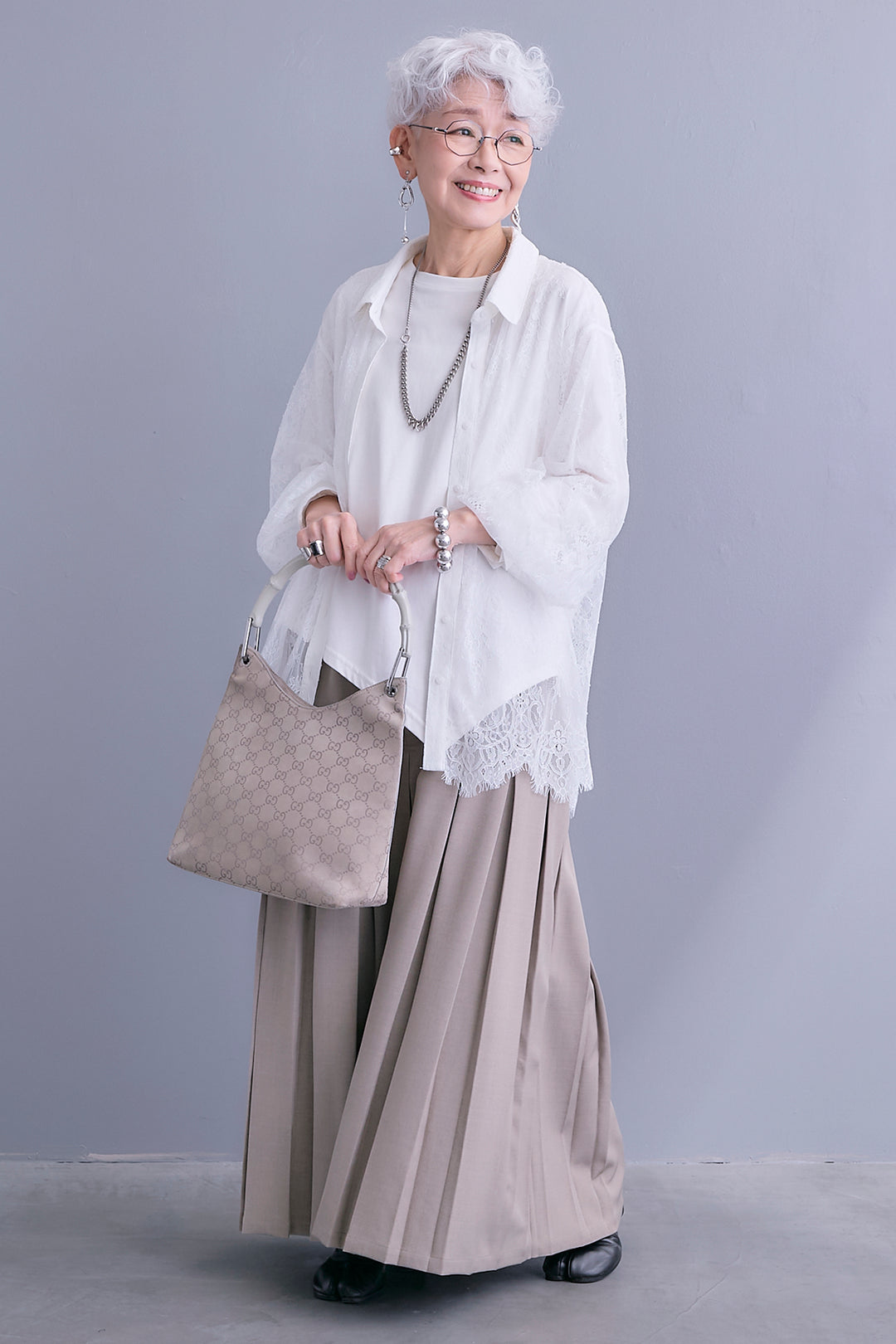 【SET】アイラッシュレースボリュームスリーブシャツ+アシンメトリーロンT+ボックスプリーツロングスカート(3set)