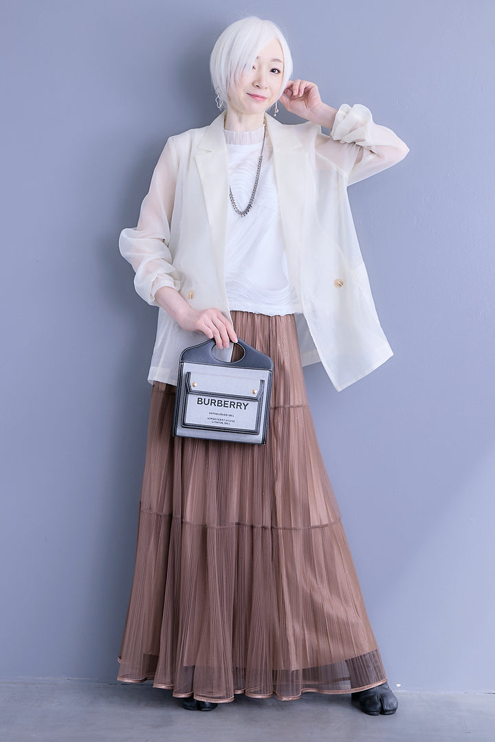 【SET】シアーポプリンダブルテーラードジャケット+ウェーブモチーフスタンドネックブラウス+2WAYラメサテンプリーツ×シアーティアードチュールスカート(3set)