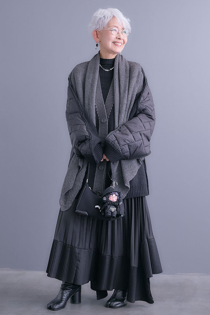 【SET】バックキルティングローゲージニットカーディガン【ストール付き】+アシンメトリープリーツスカート(2set)