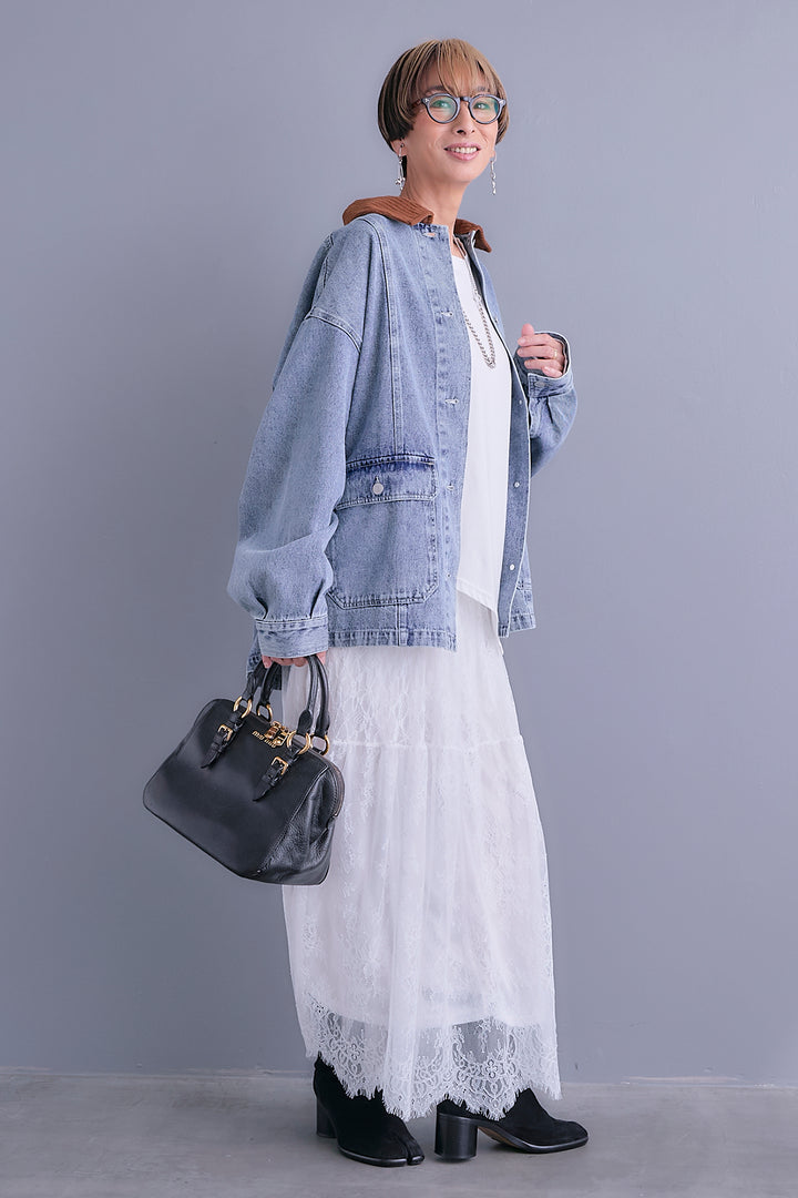 【SET】コーデュロイカラー10ozデニムジャケット+アシンメトリーロンT+アイラッシュレースロングスカート(3set)