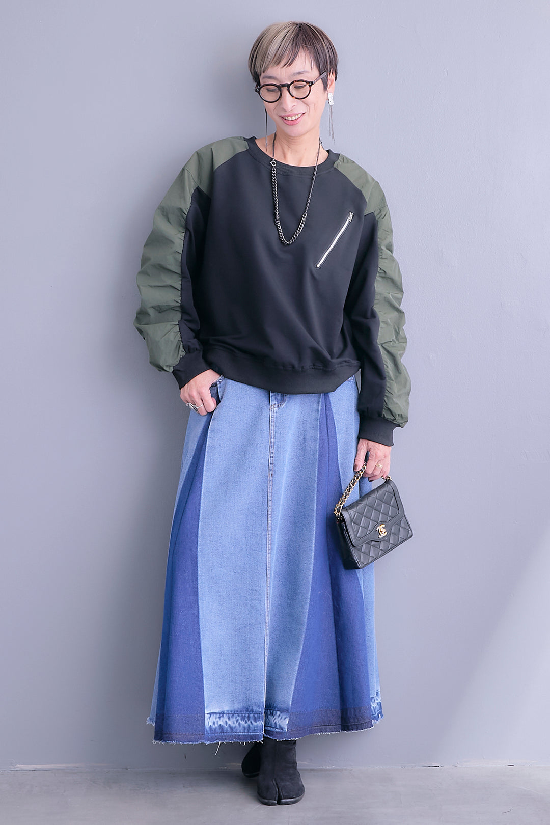 【SET】フロントZIPシャーリングスリーブトップス+プリーツタックデニムスカート(2set)