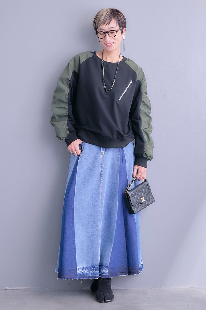 【SET】フロントZIPシャーリングスリーブトップス+プリーツタックデニムスカート(2set)
