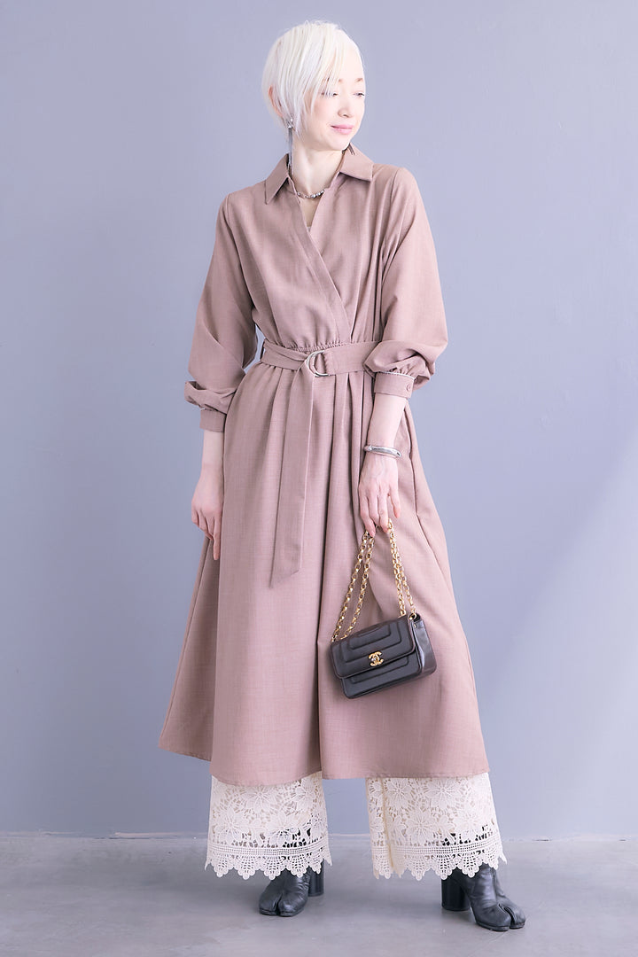 【SET】スキッパーカシュクールシャツワンピース+ケミカルレースパンツ(2set)