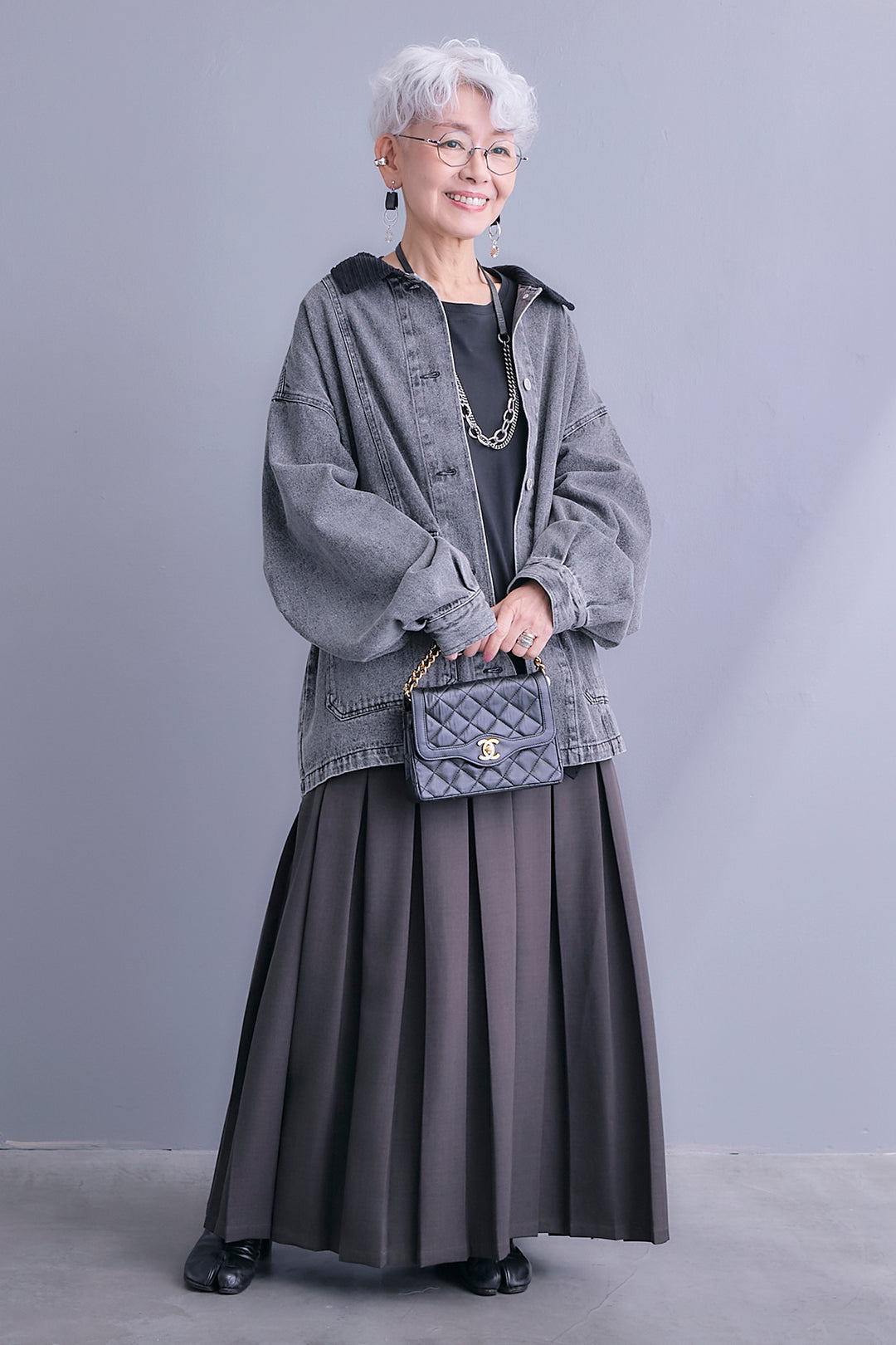 【SET】コーデュロイカラー10ozデニムジャケット+アシンメトリーロンT+ボックスプリーツロングスカート(3set)