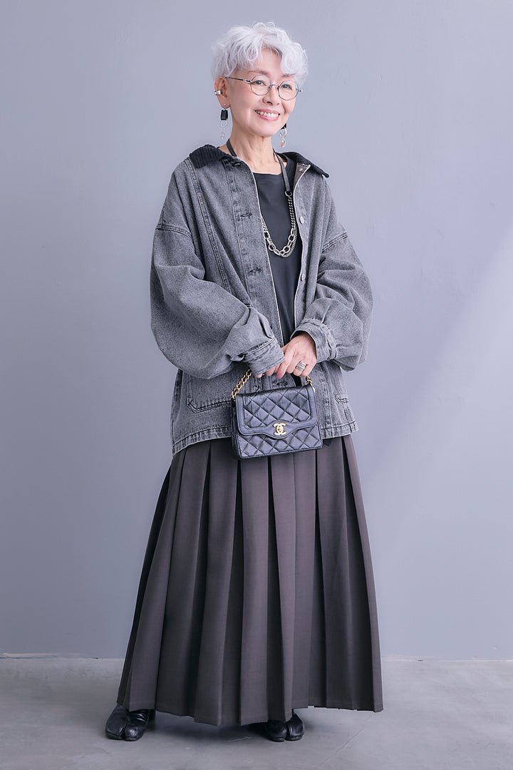 【SET】コーデュロイカラー10ozデニムジャケット+アシンメトリーロンT+ボックスプリーツロングスカート(3set)