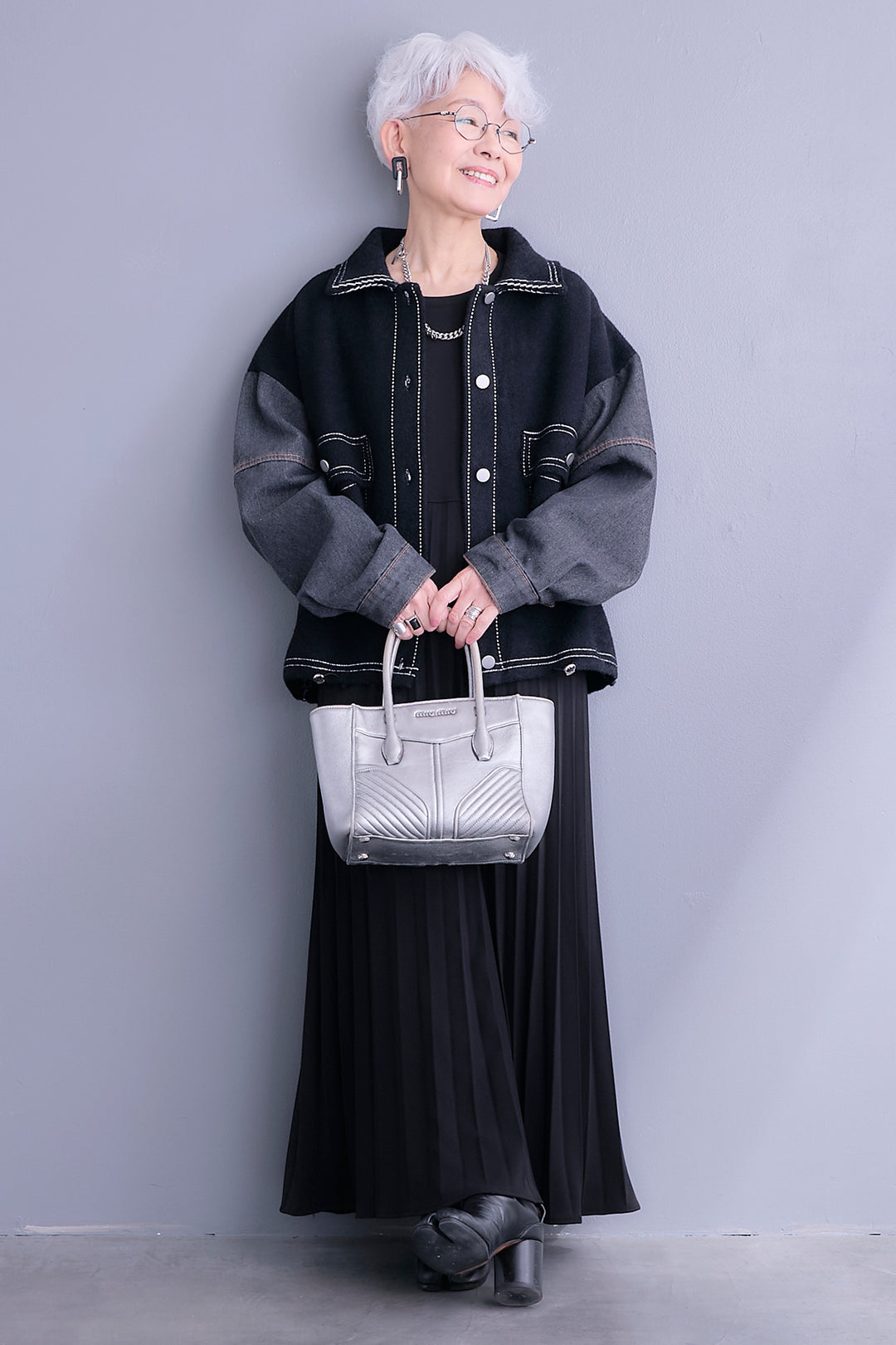 【SET】ステッチニット×デニムスリーブジャケット+プリーツストレッチロングワンピース(2set)
